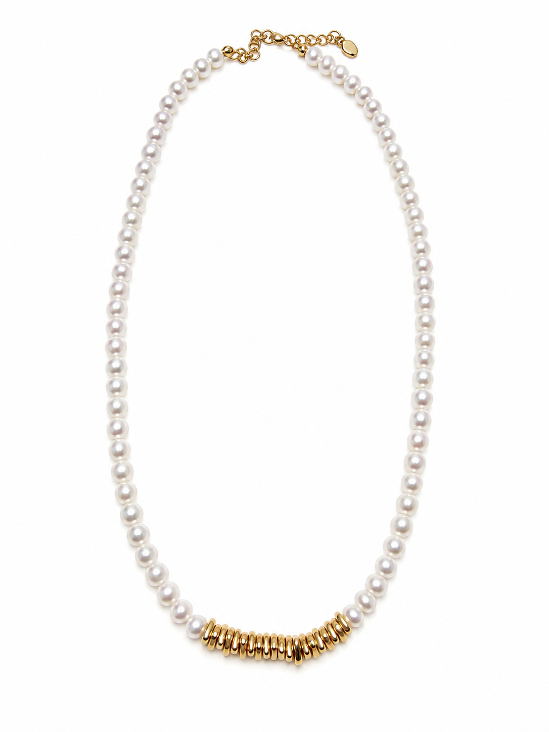 Freshwater pearl necklace with gold link detail, in 18K gold-plated S925 silver. 38cm with 5cm extender.