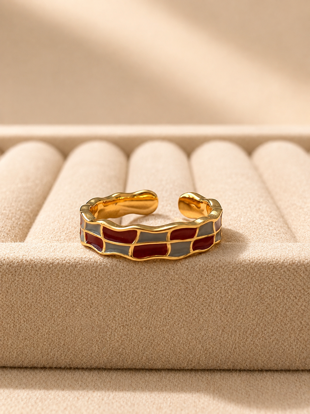 Gewellter Emaille-Ring | Rot & Blau Color-Block | Verstellbares S925 Silber