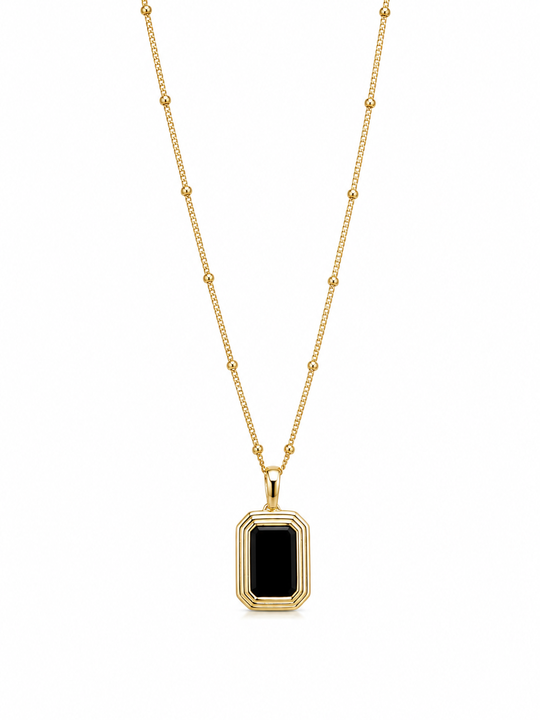 Reversible tag necklace with mother-of-pearl and black onyx. Gold-plated S925 silver, 45cm with extender.