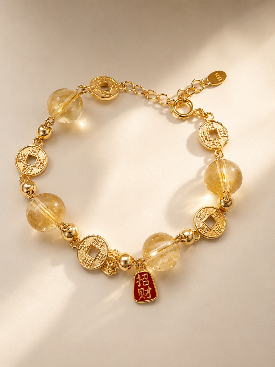 Citrine bead bracelet with antique coin charms and enamel tag. Gold-plated S925 silver, 16cm with extender.