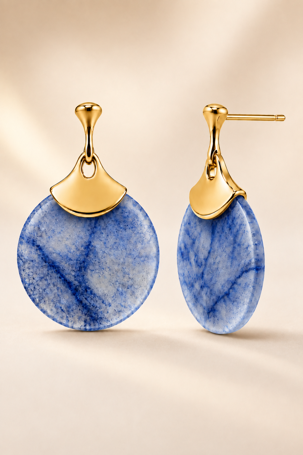 Natural blue aventurine disc earrings with a gold fan accent, on gold-plated S925 silver. Secure post closure.