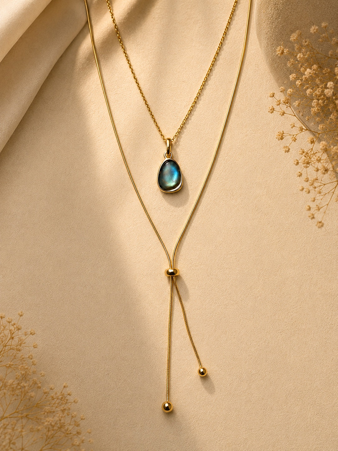 Black mother-of-pearl teardrop pendant in gold-plated S925 silver. Iridescent blue-violet tones, 40cm with extender.