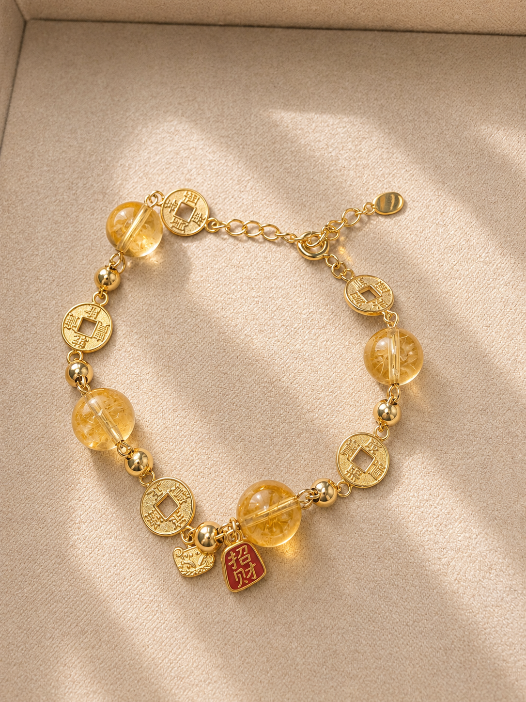 Citrine bead bracelet with antique coin charms and enamel tag. Gold-plated S925 silver, 16cm with extender.