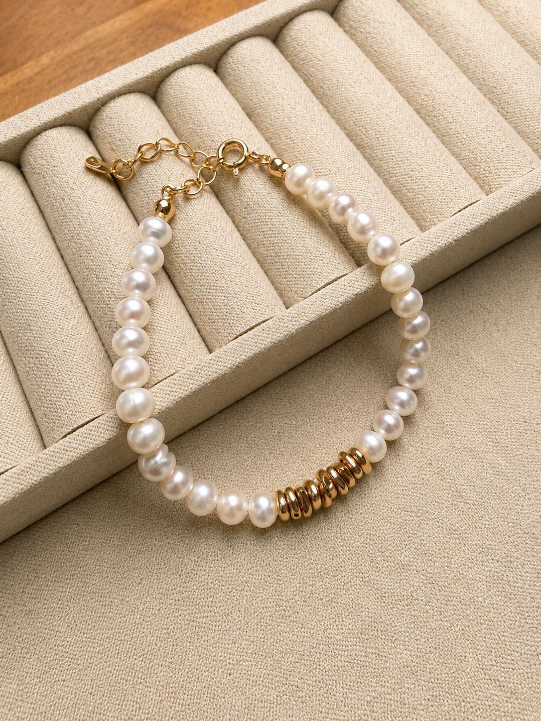 Freshwater pearl bracelet with gold link detail, in gold-plated S925 silver. 16cm with adjustable extender.