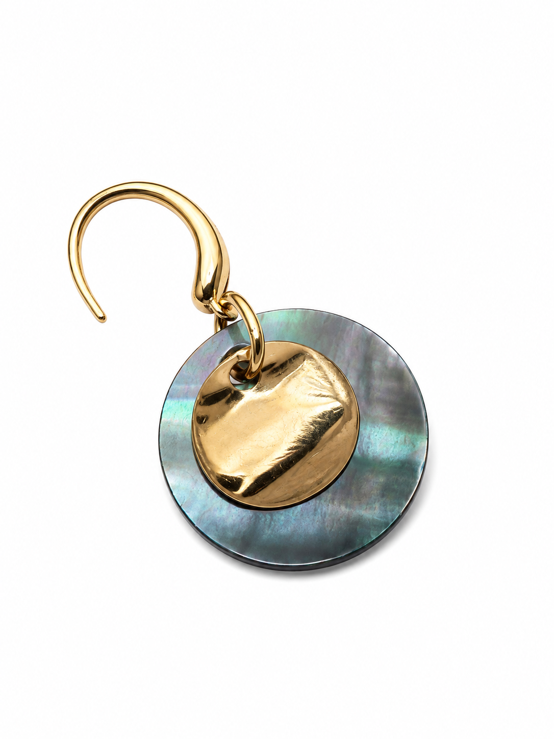 Layered black mother-of-pearl and gold disc earrings in 18K gold-plated S925 silver. Light, comfortable ear hooks.