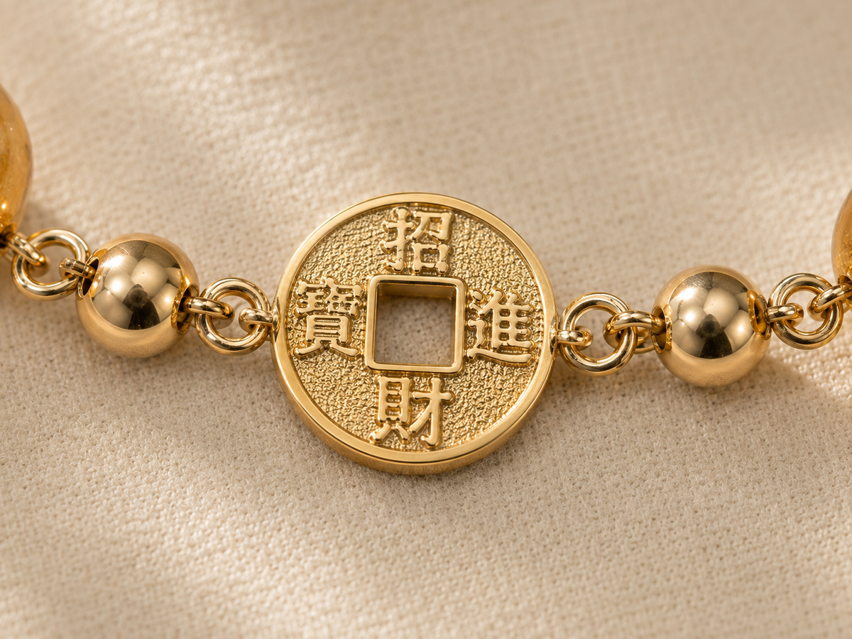 Citrine bead bracelet with antique coin charms and enamel tag. Gold-plated S925 silver, 16cm with extender.