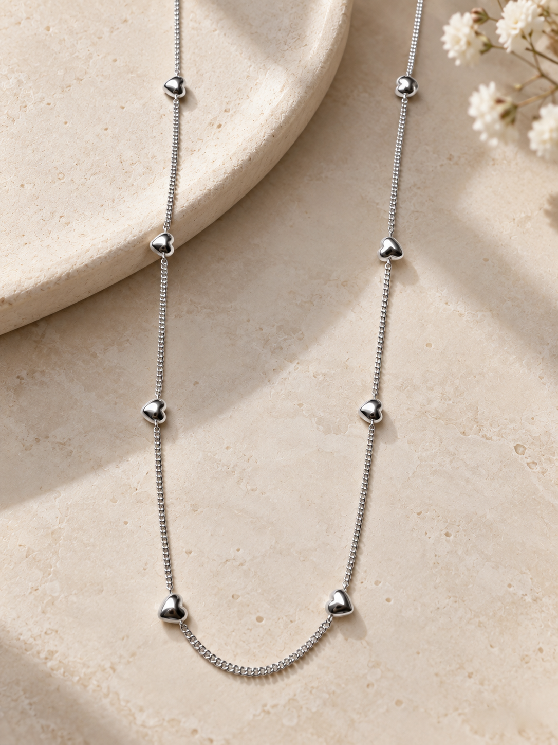 Double-strand heart station necklace in S925 silver, 18K rose gold or white gold plated. 38cm with extender.