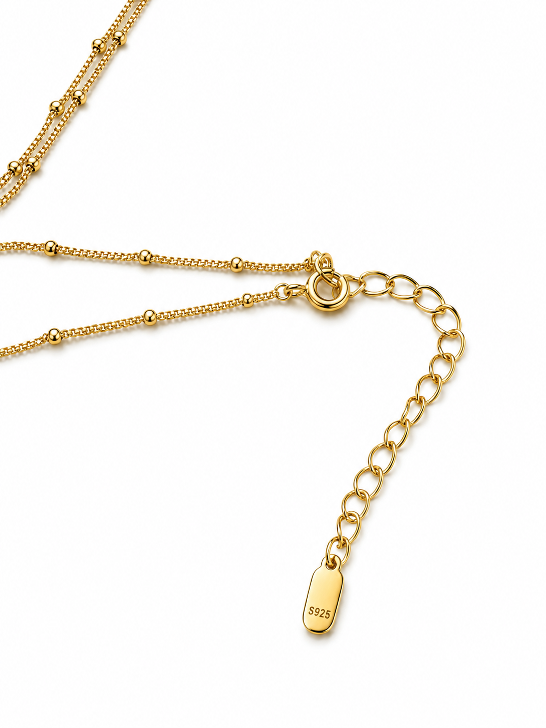 Hammered gold tag pendant with a freshwater pearl, on a beaded S925 silver chain. 40cm with extender.