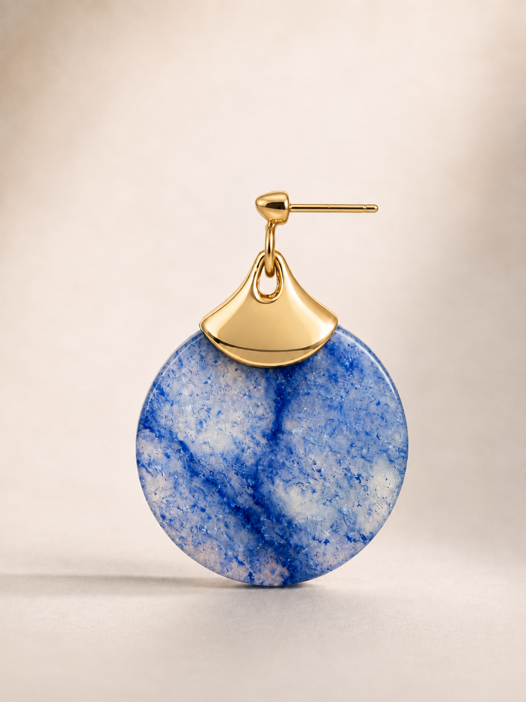 Natural blue aventurine disc earrings with a gold fan accent, on gold-plated S925 silver. Secure post closure.