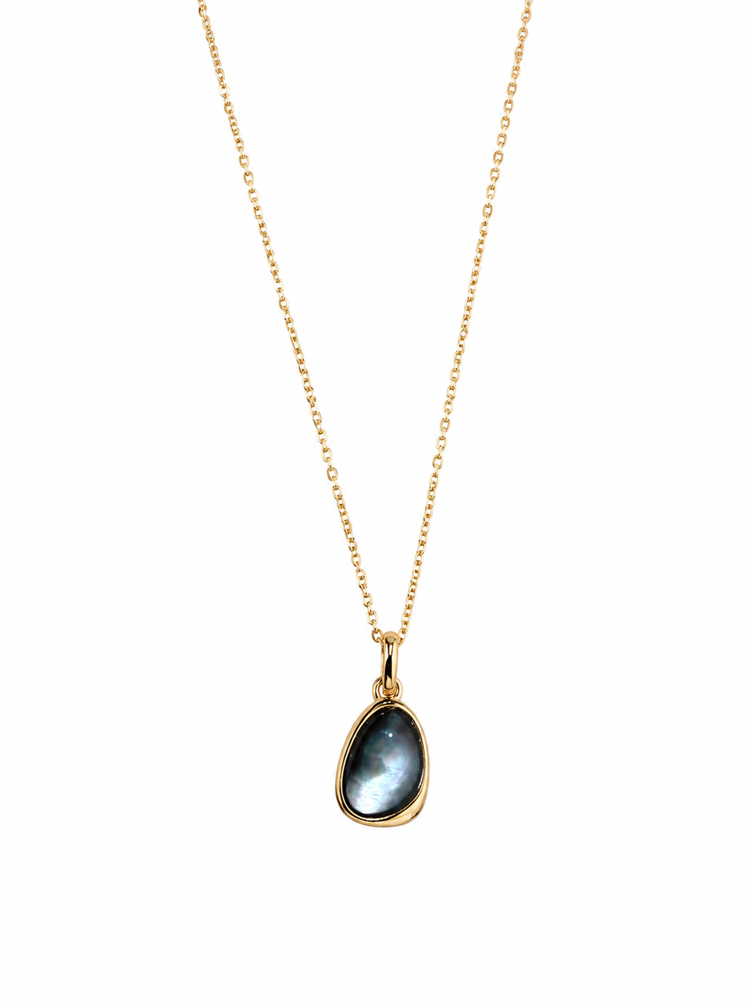 Black mother-of-pearl teardrop pendant in gold-plated S925 silver. Iridescent blue-violet tones, 40cm with extender.