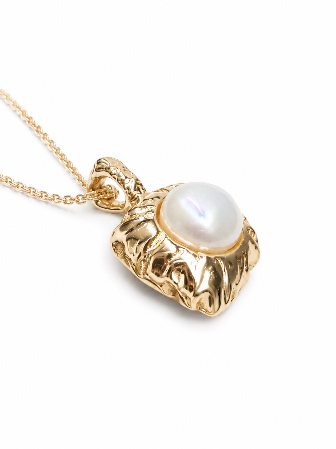 Hammered gold tag pendant with a freshwater pearl, on a beaded S925 silver chain. 40cm with extender.