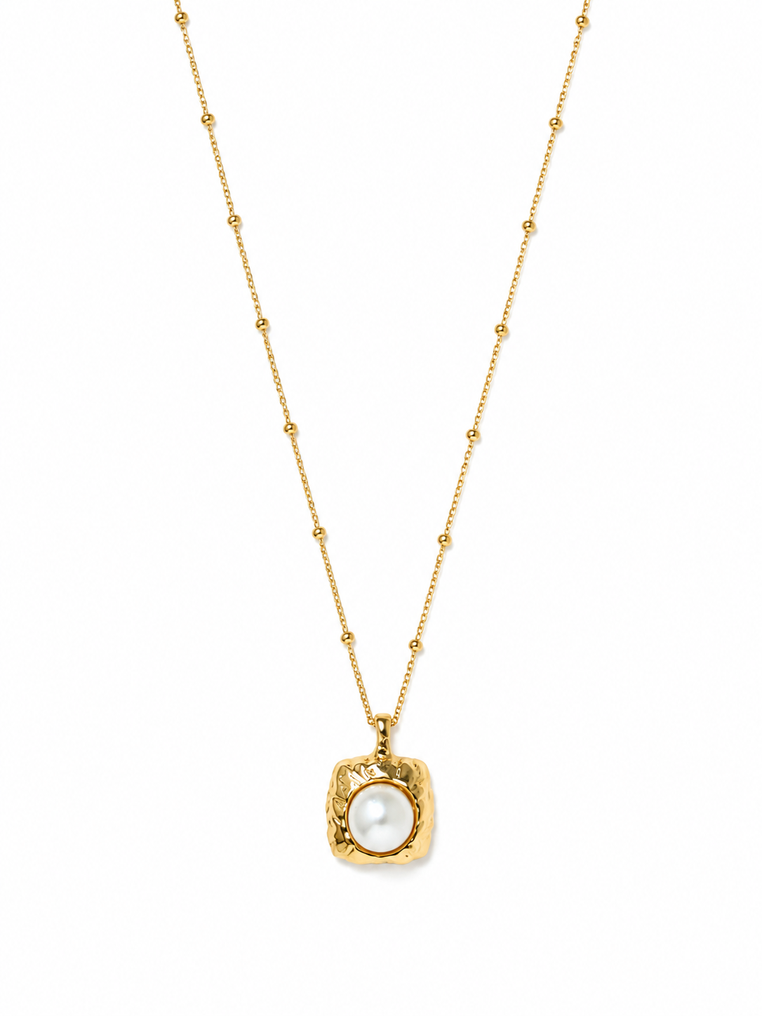 Hammered gold tag pendant with a freshwater pearl, on a beaded S925 silver chain. 40cm with extender.